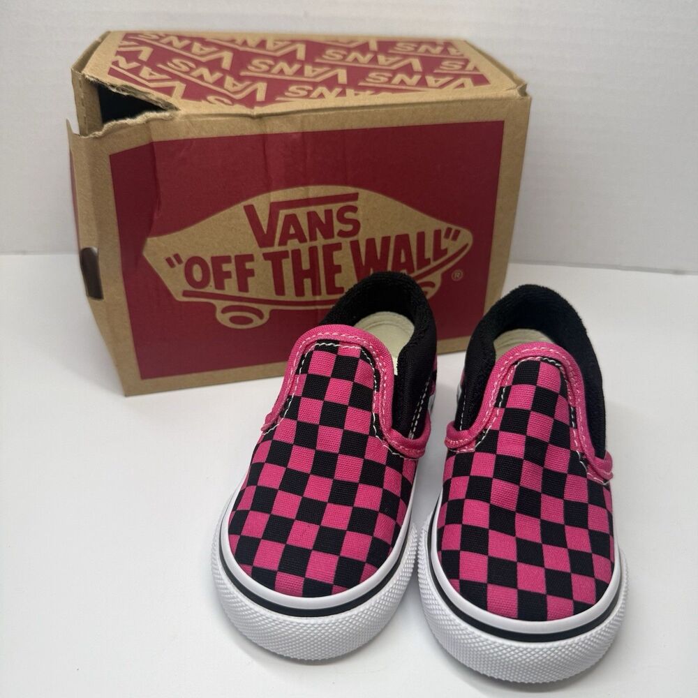 Vans Classic Slip-On Checkerboard Skate Shoe Black / Pink Toddler Sz 4 New